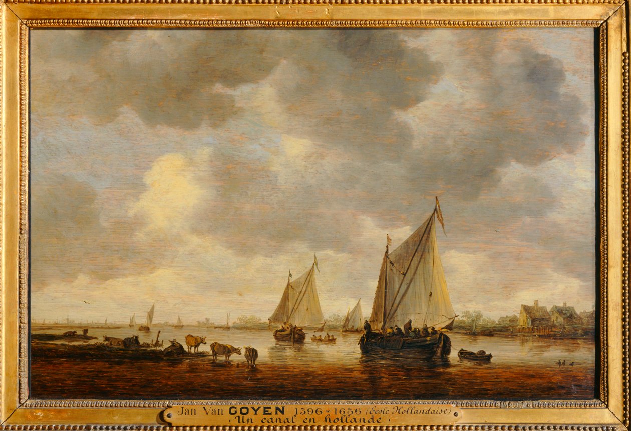 Deux grandes barques à voiles sur un fleuve et bestiaux près de la rive - 川に浮かぶ2隻の大きな帆船と岸辺の動物たち。 作： ヤン・ジョセフス・ヴァン・ゴイエン