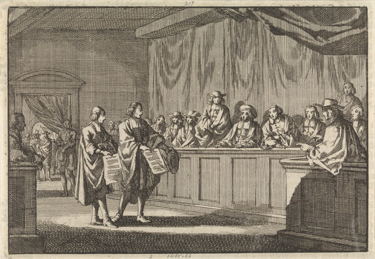 1683 年 6 月 3 日、改革派の大臣ギリーとクールディルがソルジュの教会会議で、カトリック教会に改宗するという宣言を読み上げる 作： ヤン・ルイケン