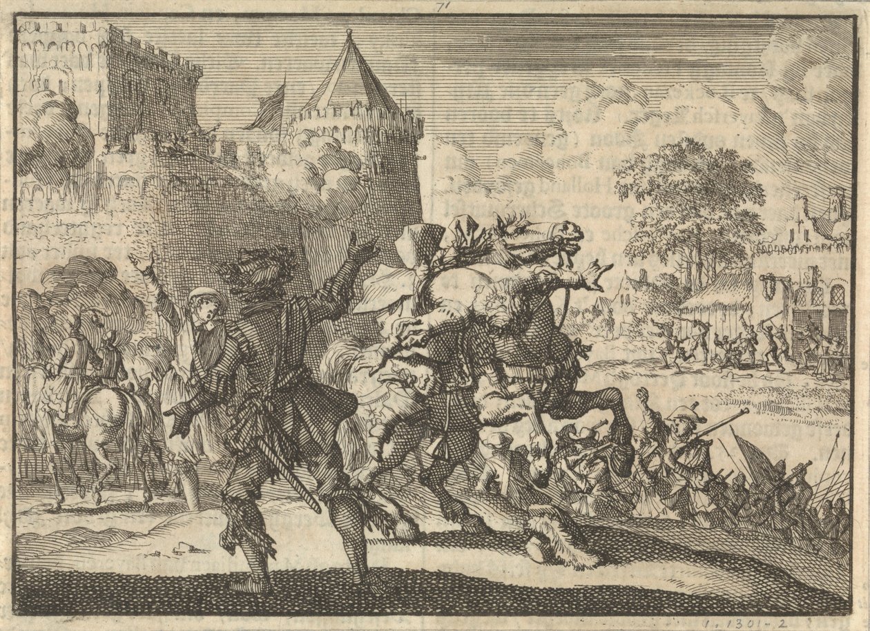 1620年、プレスブルグ（ブラチスラバ）の壁から撃たれた後、帝国の司令官ダンピアが馬から落ちる 作： ヤン・ルイケン