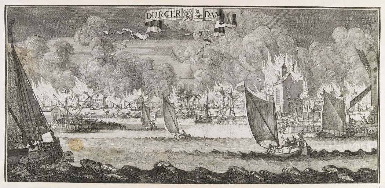 1687年の火災時のアムステルダム近郊のドゥルガーダム村の眺め（彫刻） 作： ヤン・ルイケン