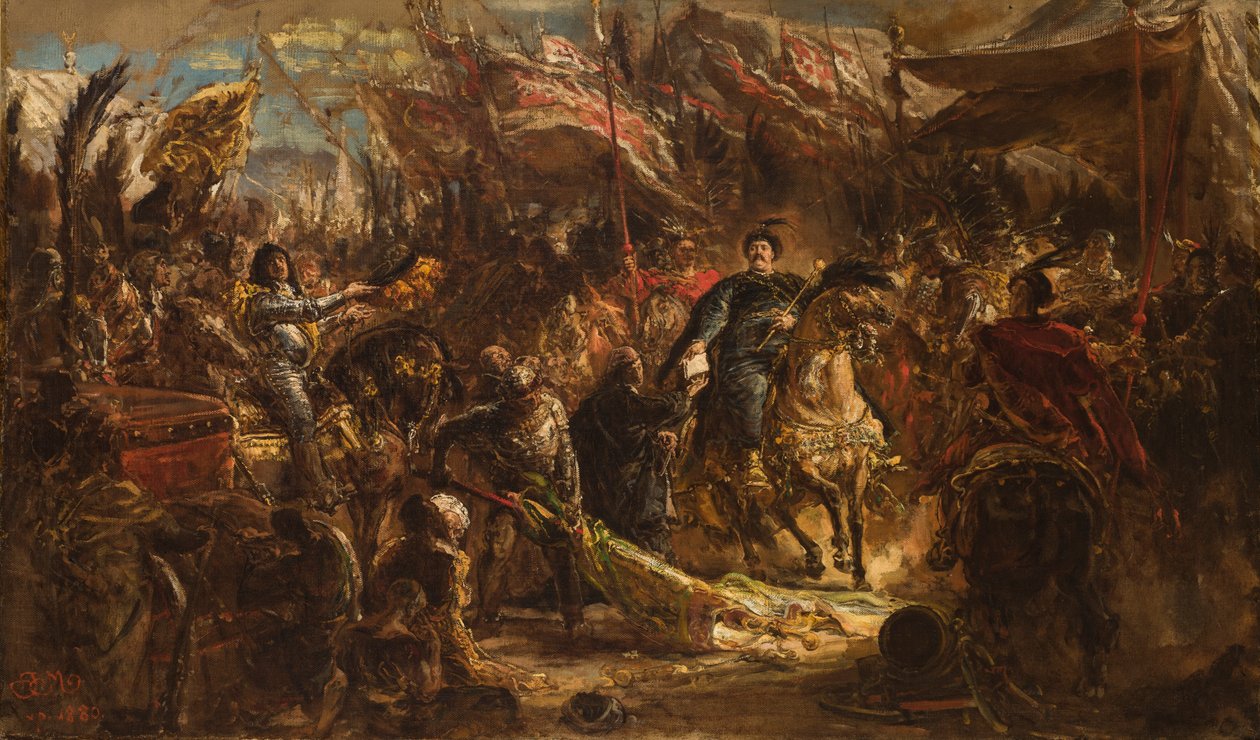 ヤン3世ソビエスキが、1683年のウィーンにおけるトルコ軍への勝利の知らせを記した教皇宛ての書簡をデンホフ司祭に渡す 作： ヤン・マテイコ
