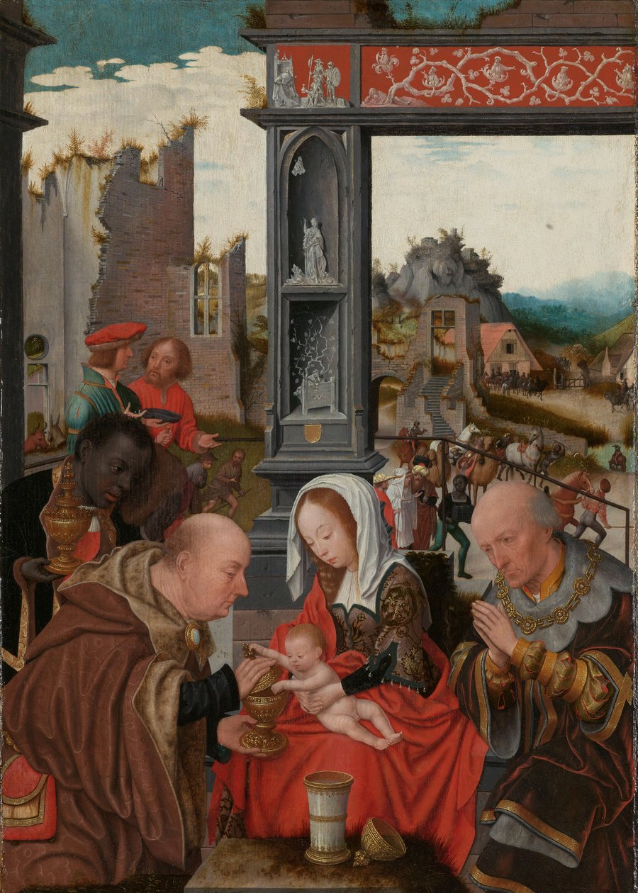 東方の三博士の崇拝、c.1520-5（パネルに油彩） 作： ヤンモスタルト