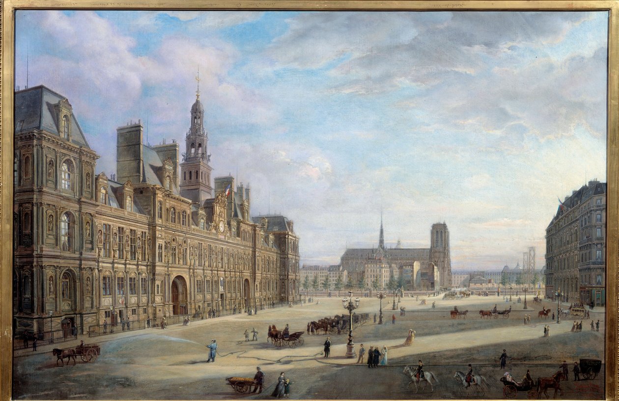 1868年のパリ市庁舎。ヤン・オストガ・デ・ミオドゥチェスキ(ミオドゥゼフスキ)による絵画(1831年～?)。 キャンバスに油彩。 薄暗い: 0,78 x 1,17m。 パリ、カルナヴァレ美術館 - 1868 年にパリの市庁舎。ミオドゥチェスキ (Mioduzsewski) によるジャン・オストガの絵画 (1831-? )。 〇 作： ヤン・オストヤ・ミオドゥシェフスキー