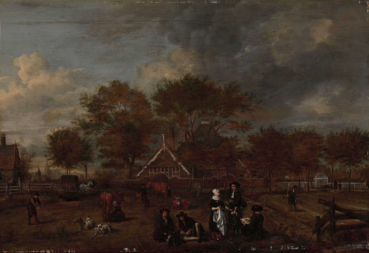 紳士農夫とその妻と画家が前景にいる農場 作： Jan Pietersz Opperdoes