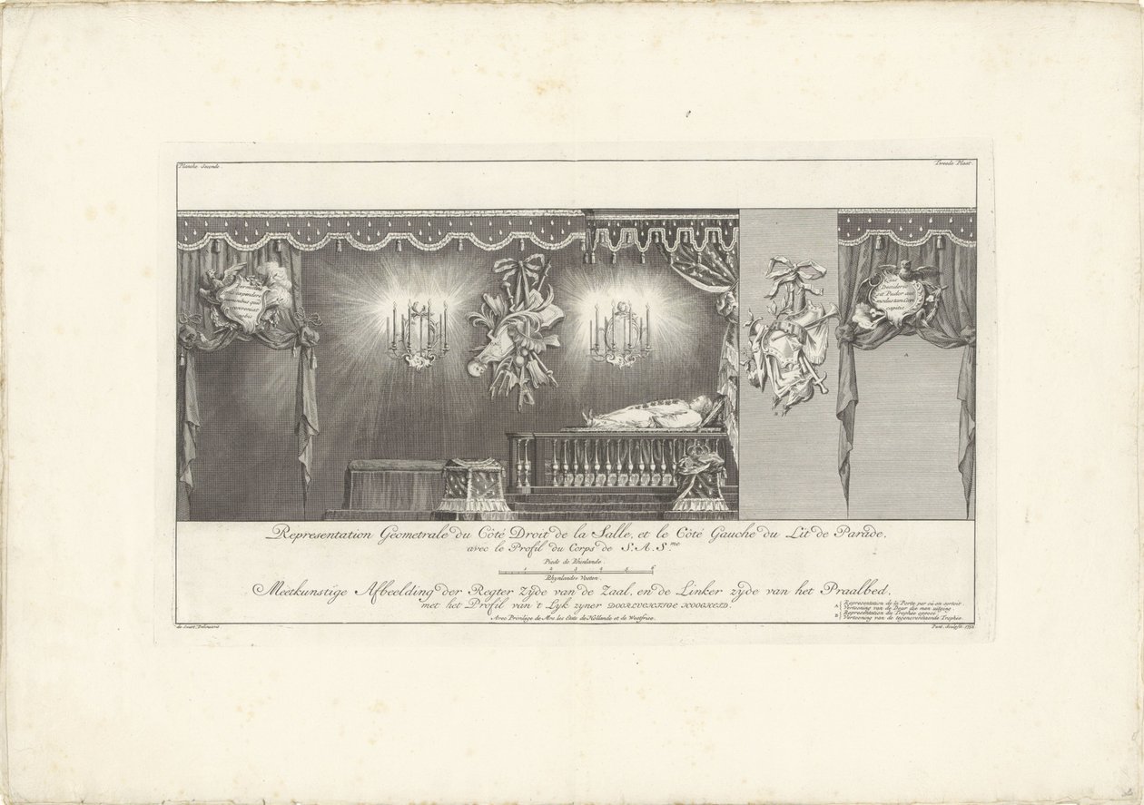 ウィレム 4 世公のベッドのある部屋の右側、1751 年 Representation Geometrale du Côte Droit (...) / Meetkonstige ホールの右側と Praalbed の左側の画像、