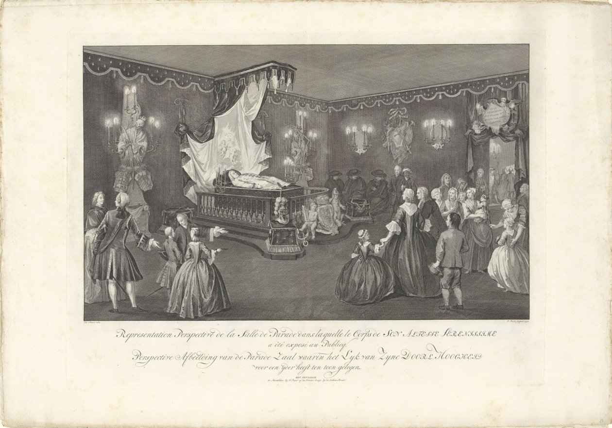 ウィレム4世公のベッドのある部屋、1751年 Representation Perspective de la Salle de Parade (...) Lyk van Zyne Doorl がいるパレード ホールの透視図。 ハイネス・フォー・ア・ヤーダーが展示されています（オブジェクトのタイトル） W の裁判所 作： ヤン・パント