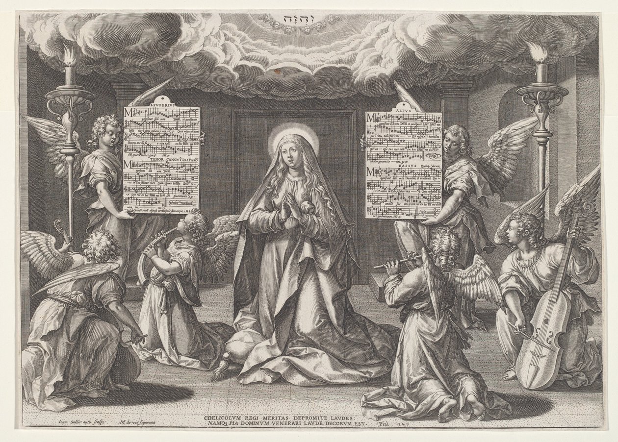Magnificat: 音楽を奏でる天使に囲まれた聖母 作： Jan Sadeler I、マールテン・ド・ヴォスの後