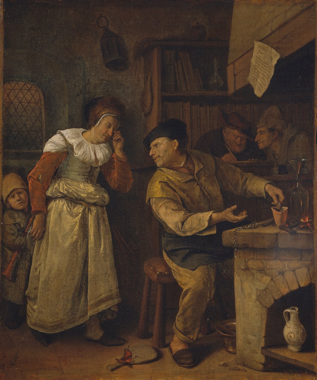 公証人の立会いのもと女性の宝飾品を溶かす金細工師：「錬金術師」 作： Jan Steen