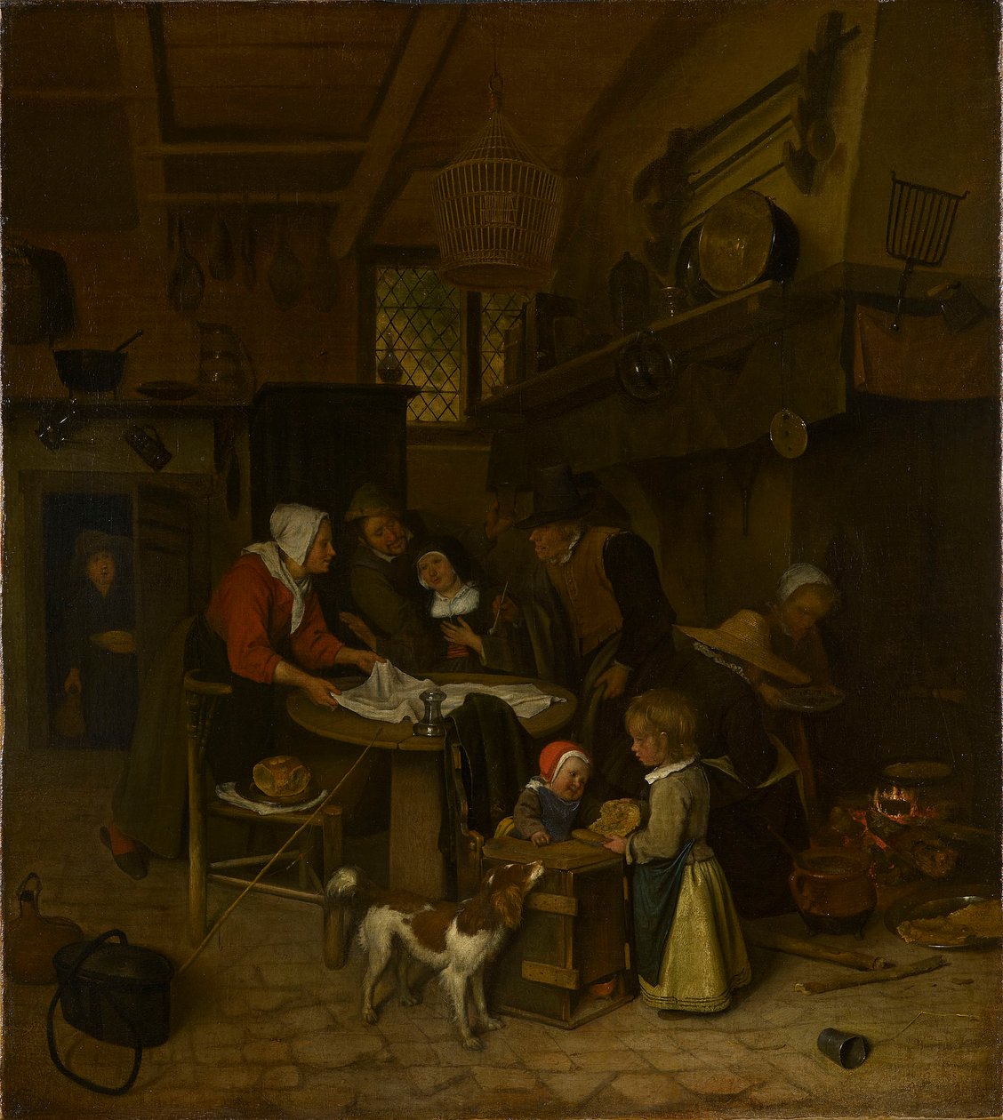 使用人が布を敷く農民の台所の風景 作： Jan Steen