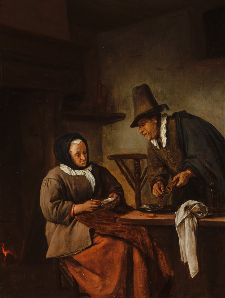 温かい飲み物を作る老夫婦 作： Jan Steen