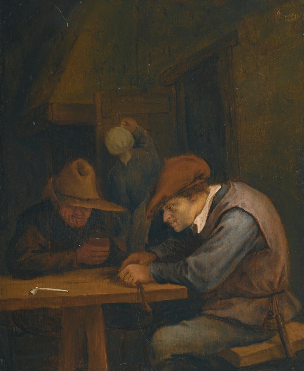 宿屋で酒を飲みタバコを切る農民たち 作： Jan Steen