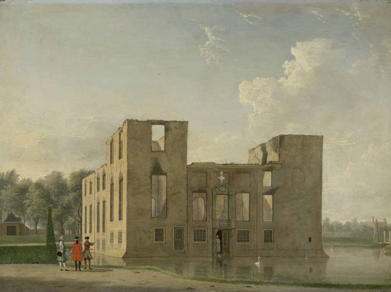火災後の Heemstede の Berckenrode 城の背面図 1747 年 5 月 4 ～ 5 日の火事の後、ヘームステーデのベルケンローデ城: 背面図 作： ヤン・テン・コンペ