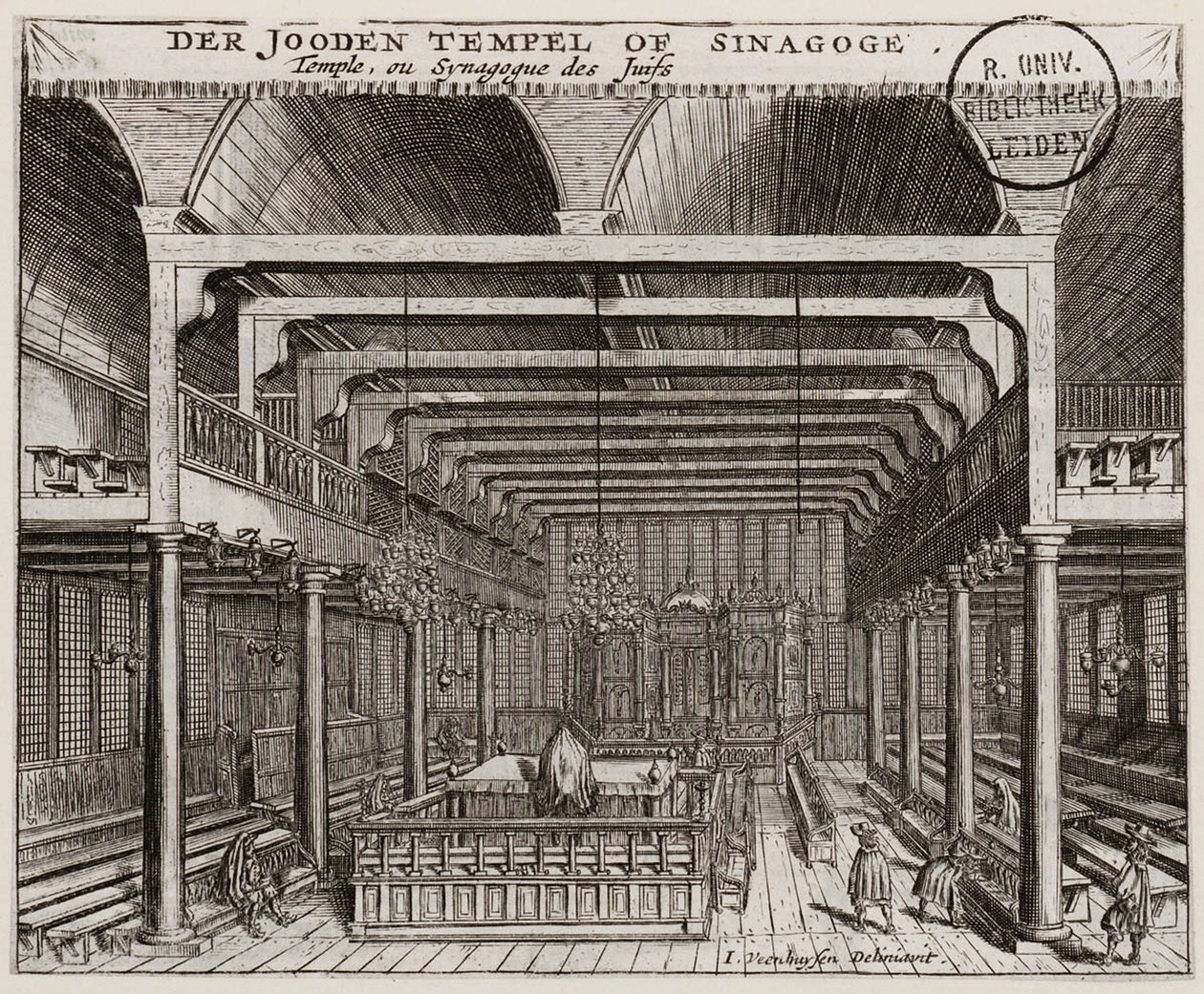 アムステルダムのポルトガル・シナゴーグの内部 - Veenhuysen, Jan (active 1656-1685) - 銅版画 - 11,2x13,7 - Leiden University Library 作： ヤン・ヴィーンホイセン