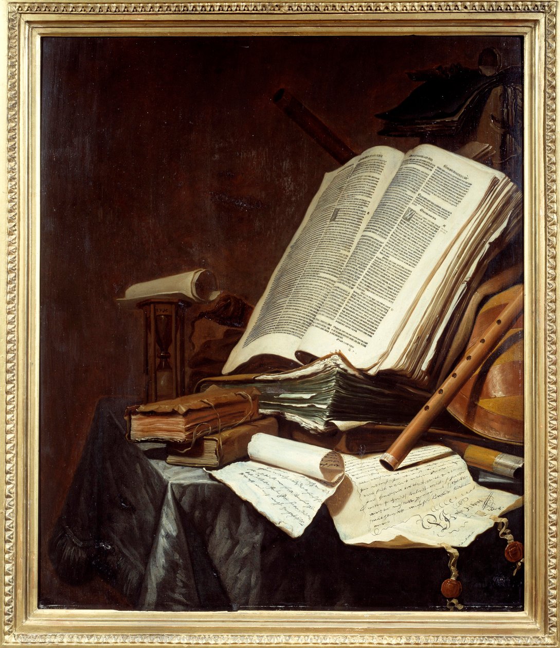 本と楽器 ヤン・フェルミューレン(1638-1674)の絵画 17世紀 Sun.0,78x0,69 m ナント、ミュゼ・デ・ボザール 作： ヤン・バーミューレン