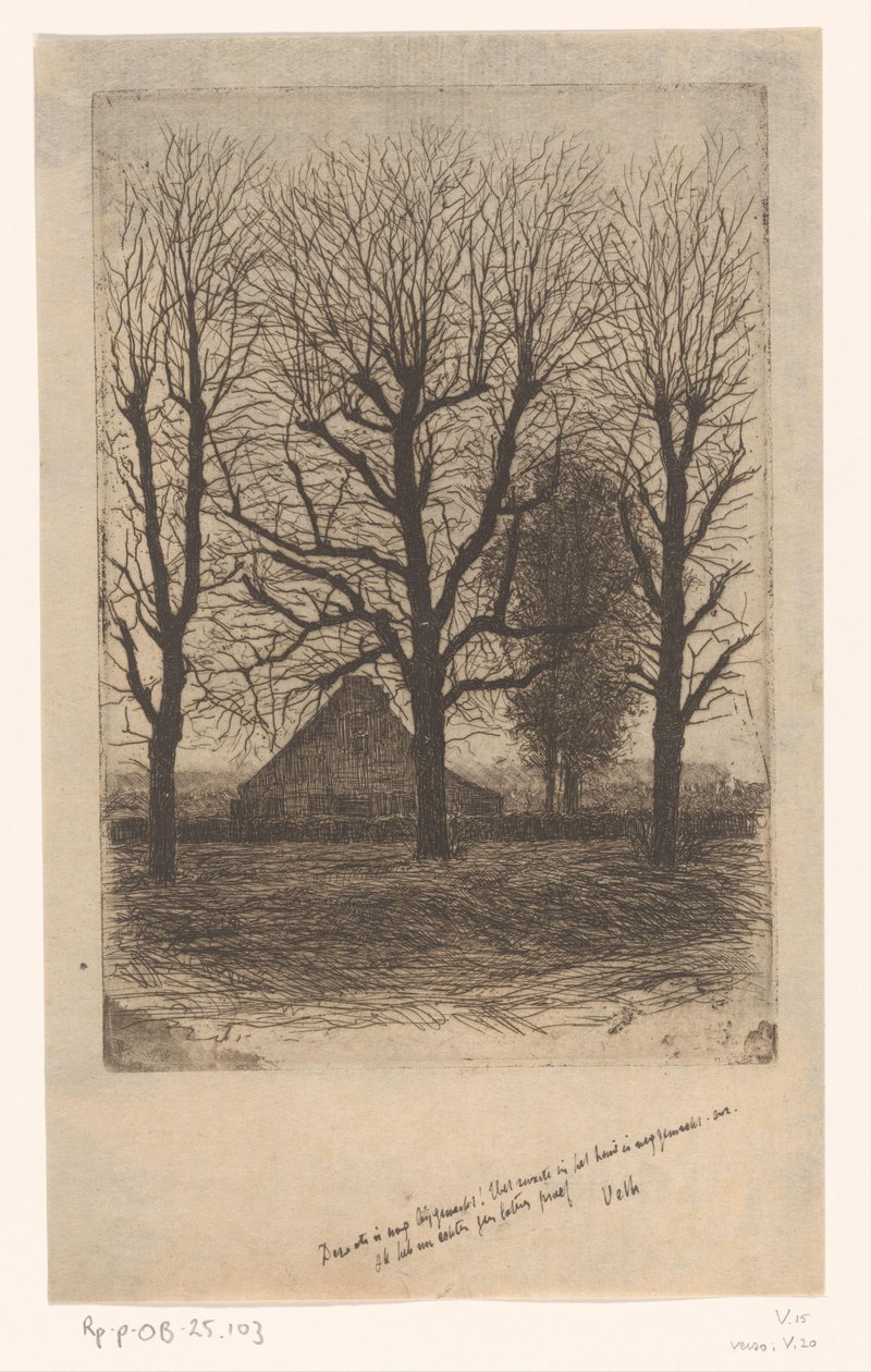 背の高い木々の間の農場、Ewijkhoeve 作： Jan Veth（アーティストによる署名）