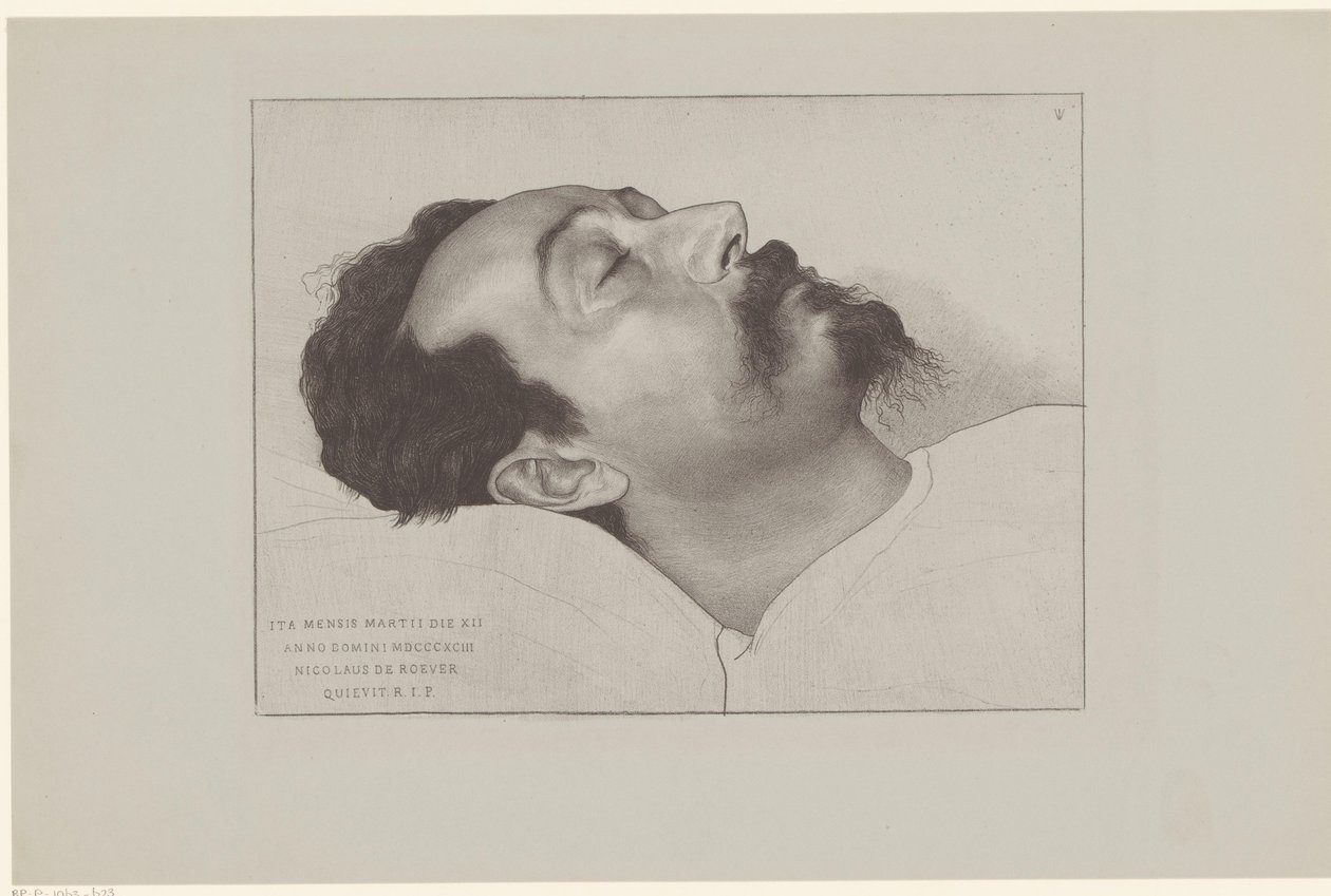 Nicolaas de Roever op zijn doodsbed このように、18903 年の 3 月 12 日に、ニコラス・ド・ローヴァーは R.I.P. を休息させました。 (オブジェクトのタイトル) 作： ヤン・ベス
