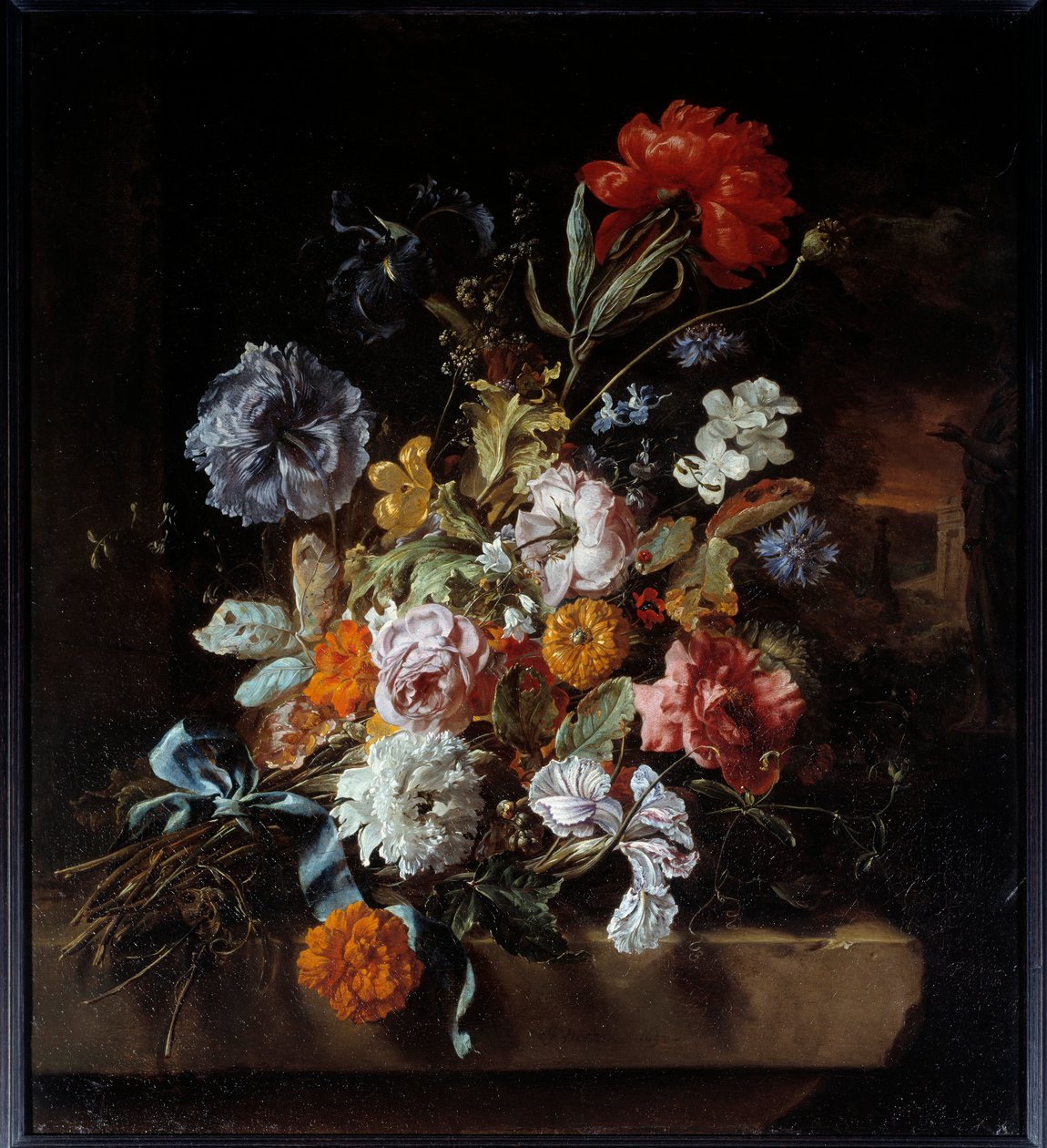 石のベンチに置かれた花束 ヤン・ウィーニクス（1640-1719）の絵画 1694年 日0.74x0.67 m リヨン、ボザール美術館（Musee des Beaux Arts 作： ヤン・バプティスト・ウィニックス