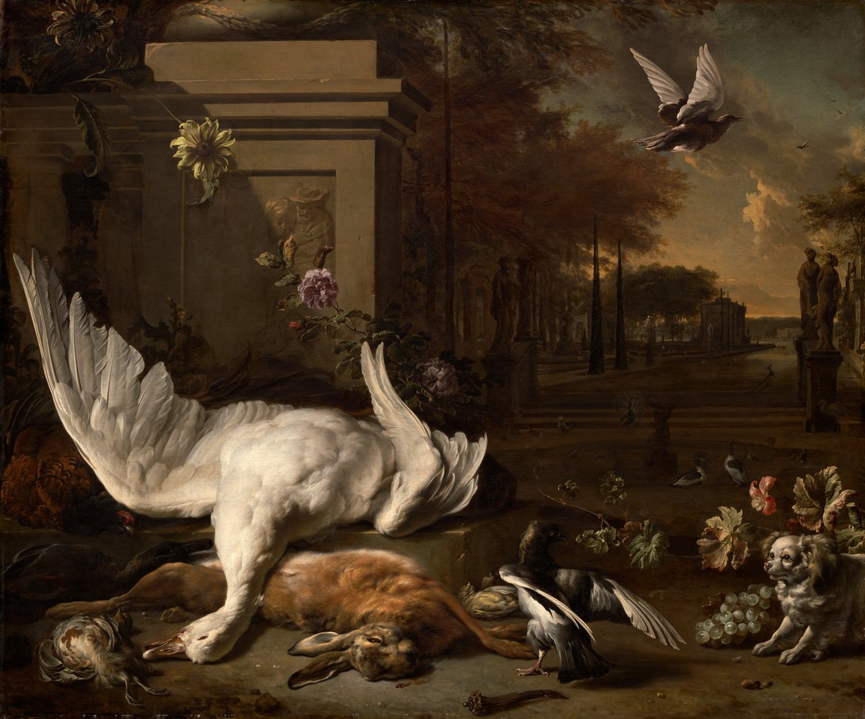 カントリーエステートの前の白鳥とゲームのある静物、c。 1685年。 作： ヤン・バプティスト・ウィニックス
