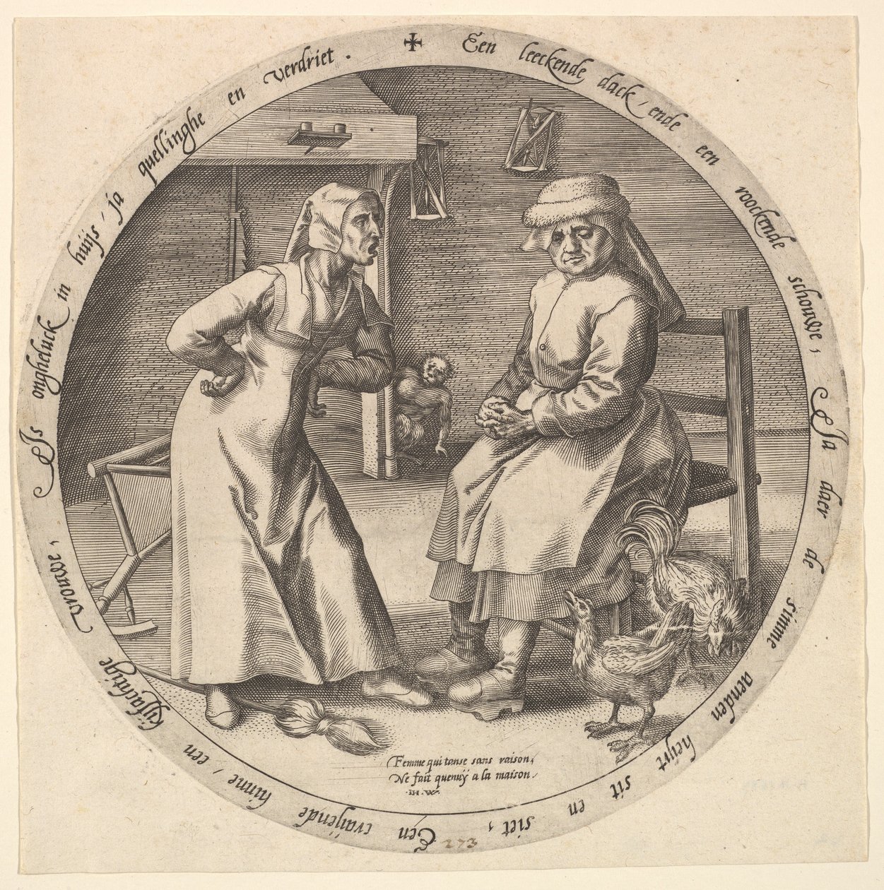 叱る女とカチャカチャする雌鶏、ca。 1568年。 作： Jan Wierix