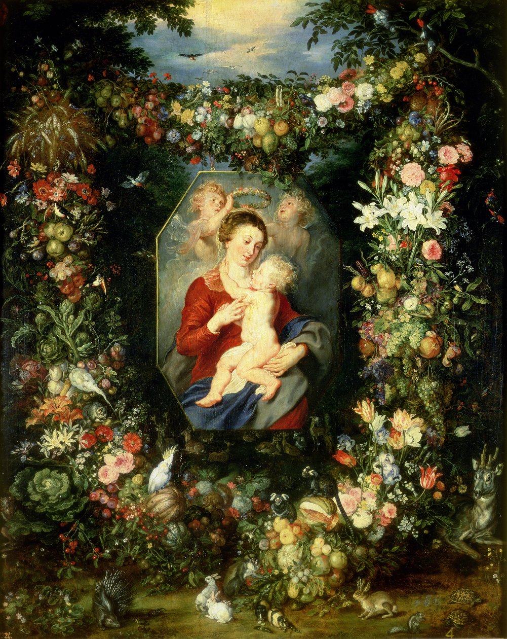 果物と花のガーランドにいる処女と子供、c.1614-18 作： ヤンとルーベンス、PPブリューゲル