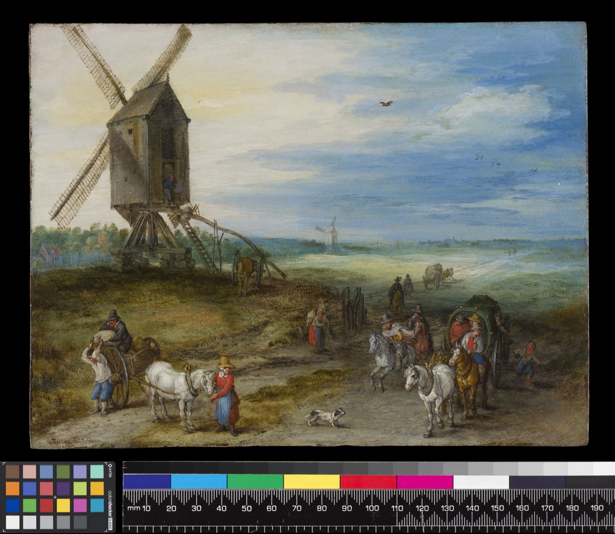 ミルとカートのある風景、c.1611（銅に油彩） 作： ヤン・ザ・エルダー・ブリューゲル