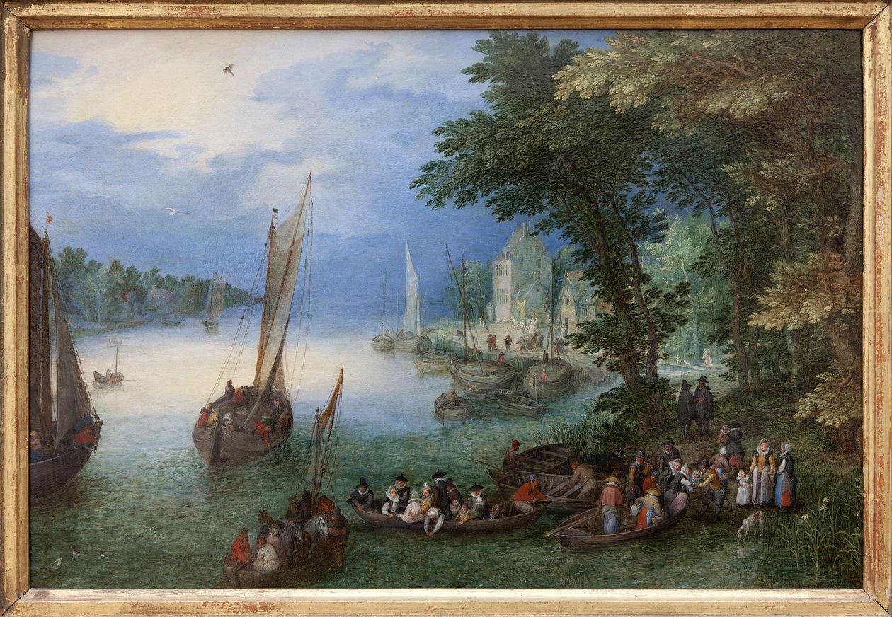 川のシーンまたはバーケージ、ヤン・ブリューゲルによる銅の油絵、dit Brueghel de Velours (1568-1625)、1605年頃。寸法: 24 x 36 cm。 写真、キム・ヨンテ、ナント、ナント美術館。 作： ヤン・ザ・エルダー・ブリューゲル