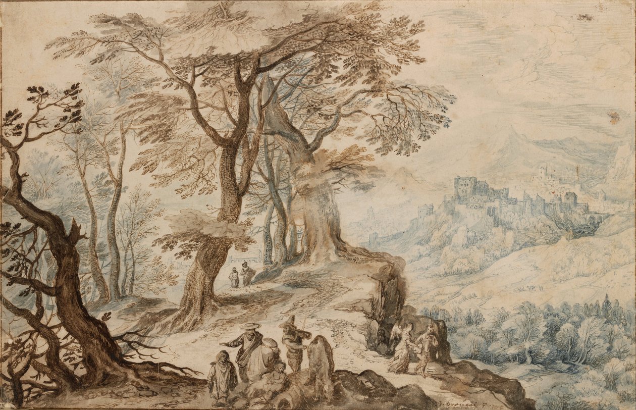 トビアスと天使のいる風景」 ヤン・ブリューゲル（1601-1678）の絵画 - 1596年 - 紙にペン、筆、茶色、黒チョーク、水彩画 - 20,2x31,3 - Szepmuveszeti Muzeum, Budapest 作： ヤン・ブリューゲル