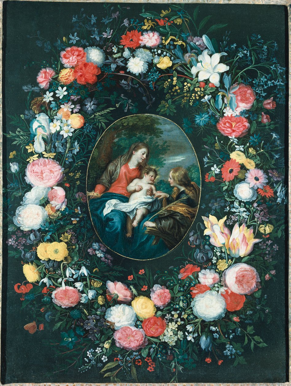 花のガーランドに囲まれた風景の中の聖カタリナの神秘的な結婚 作： Jan Brueghel the Younger