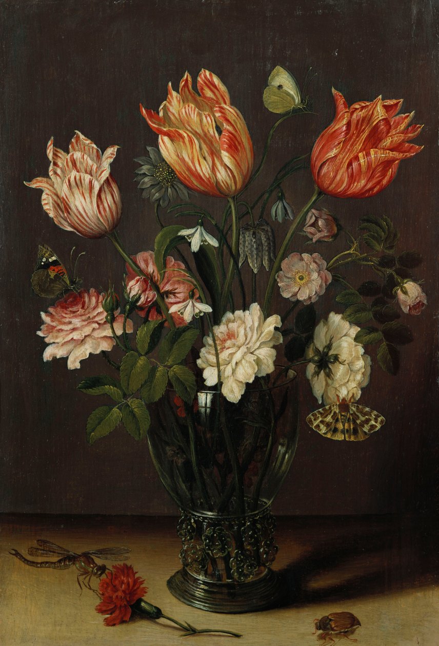 テーブルの上のグラスに他の花とチューリップ 作： Jan Brueghel the Younger