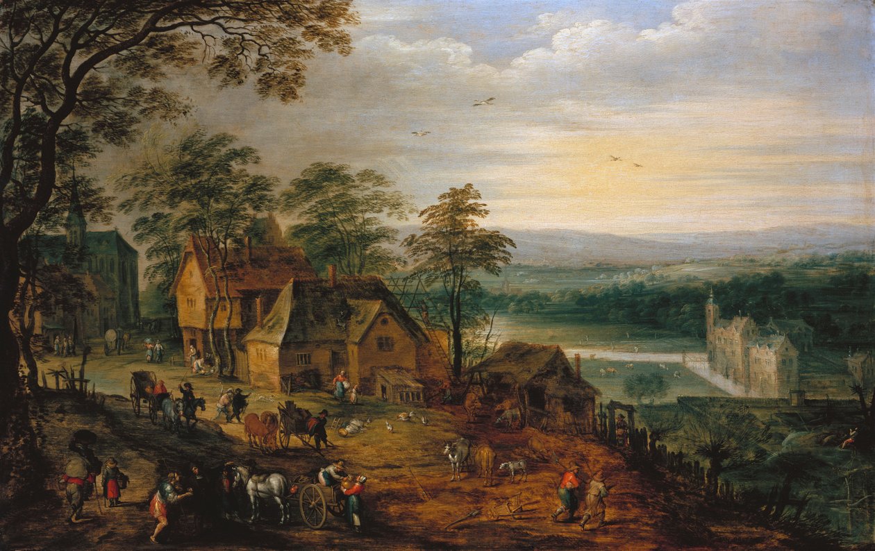 フィギュアとカートのある村の通り、堀を背景にした城 作： Jan Brueghel the Younger