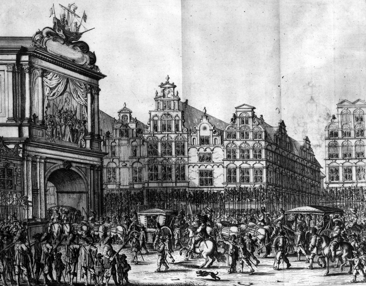 1638年にサロモンサヴェリーによって彫刻された、カスパーバルレウスの「メディセアホスペス」からのアムステルダムを通るマリードメディチの行列 作： ヤン・ザ・ヤンガー・マートセン