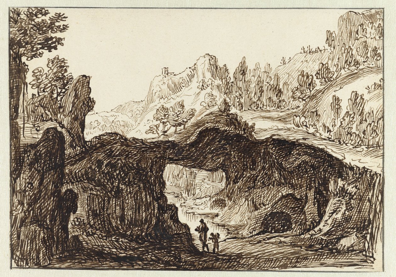 フォア グラウンドで 2 人の旅行者とロッキー山の風景 作： Jan van Almeloveen