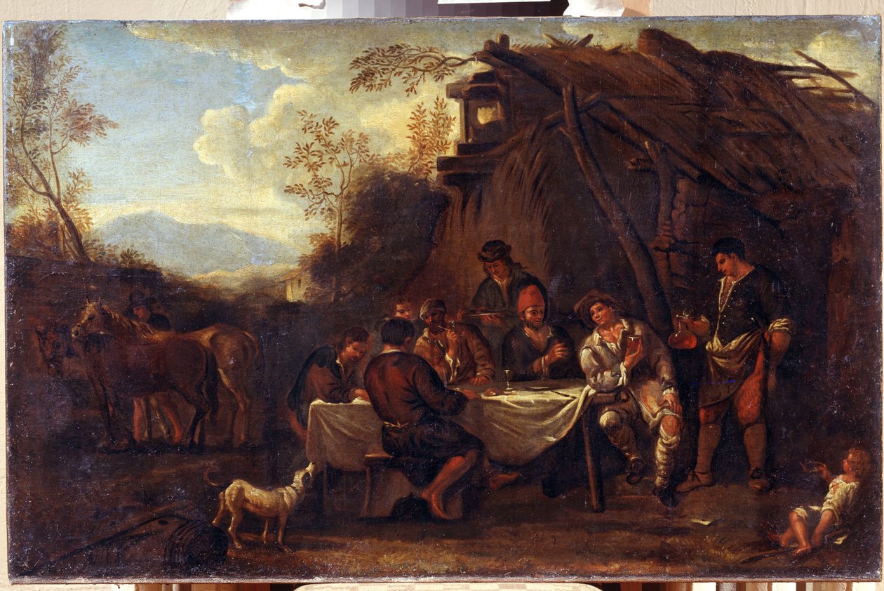 メリーミーティング（Merrymeeting）。 Jan Miel (1599-1664) の絵画。 フランダースのバロック様式の芸術。 キャンバスに油彩。 地域 I. クラムスコイ美術館、ヴォロネジ (ロシア、ヴォロネジ)。 作： ヤン・ヴァン・バイク・ミール