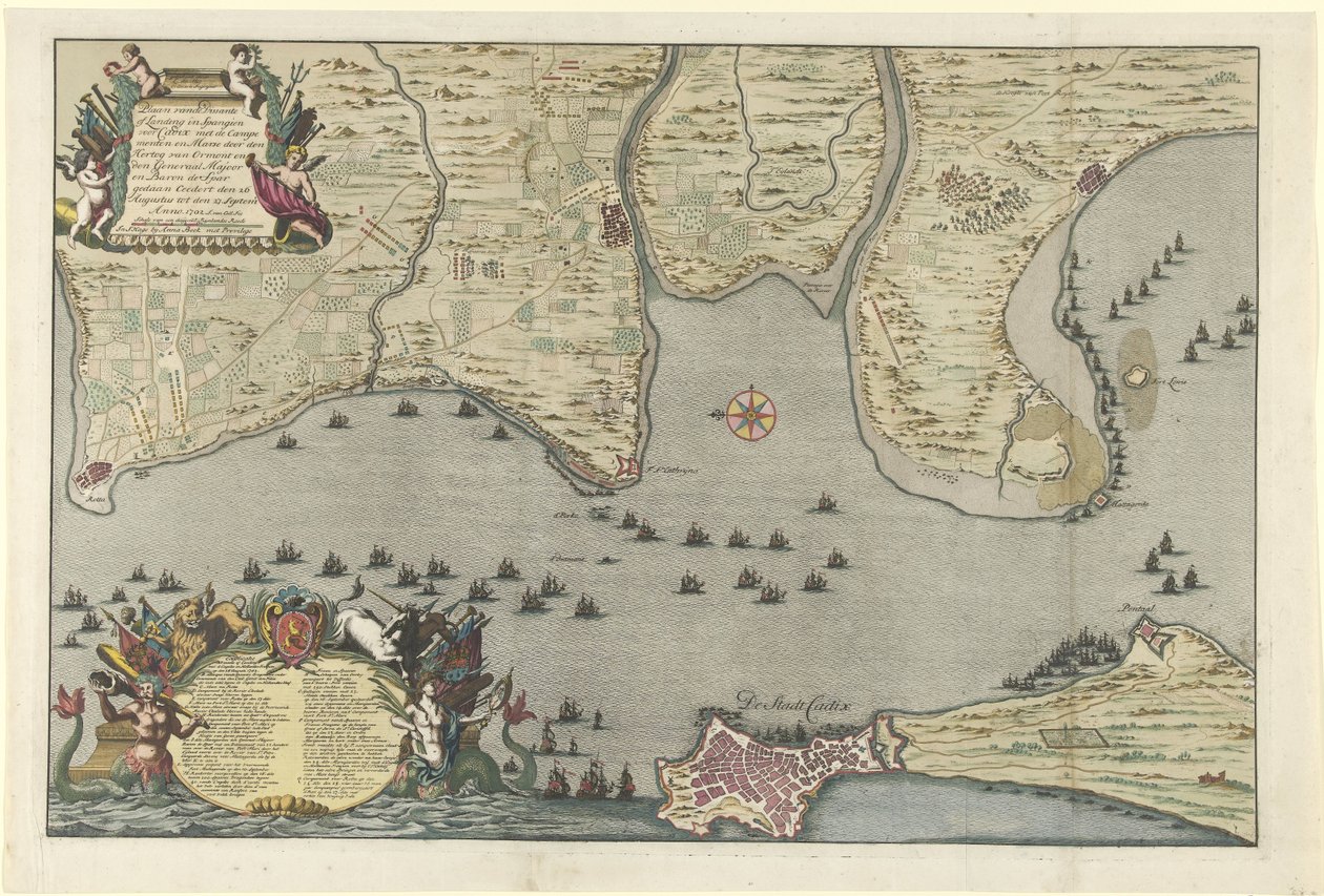 1702年のカディスでの連合軍の上陸と遠征の地図 8月26日から8月26日までオーモント公と少将とバロン・デ・スパー・シーダートによって行われたカンプメントとマルスを伴う、カディクスのためのディスサンテまたはスパンジエンへの着陸の計画 作： ヤン・ファン・コール（I）