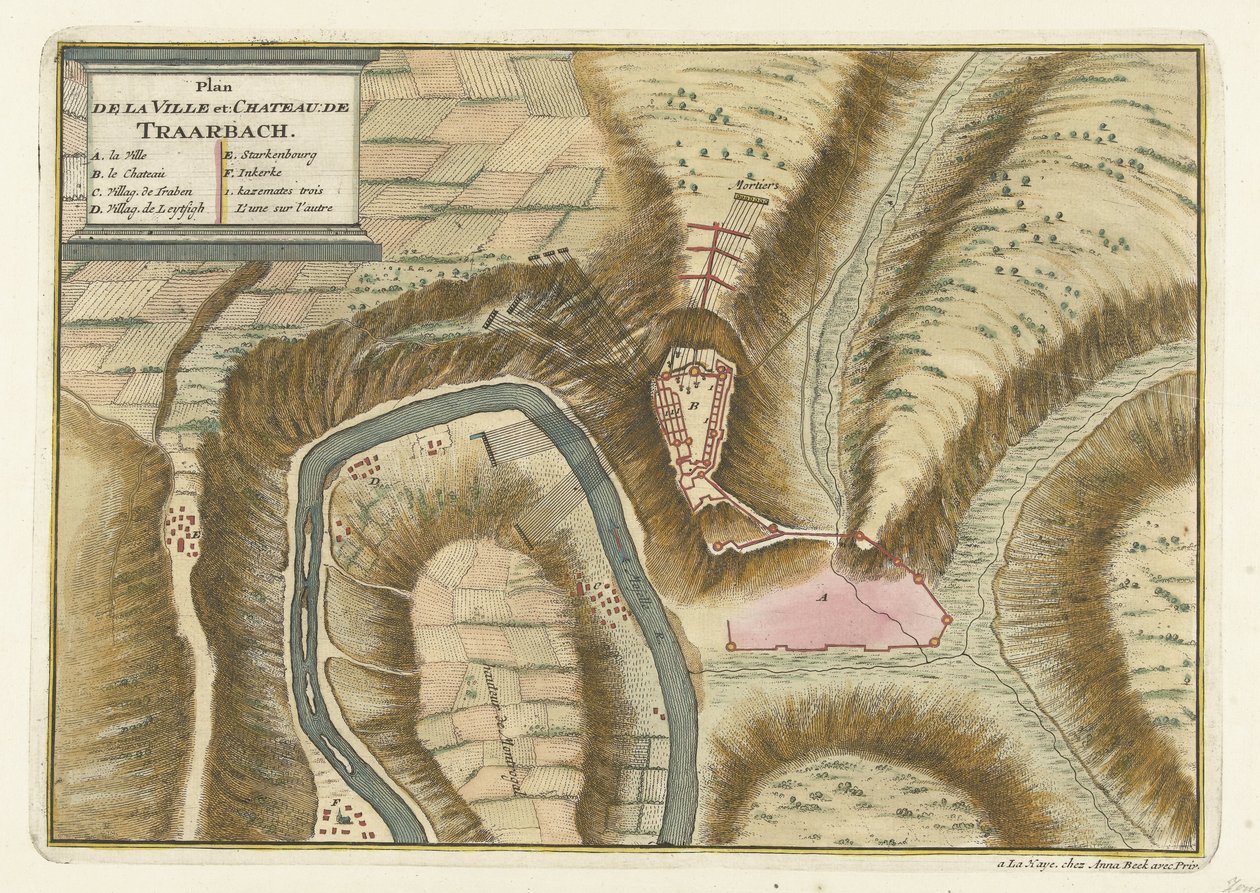 トラバッハの村と城の地図、1704 年 Plan de la Ville et: Chateau: de Traarbach (オブジェクトのタイトル) 作： ヤン・ファン・コール（II）（帰属）