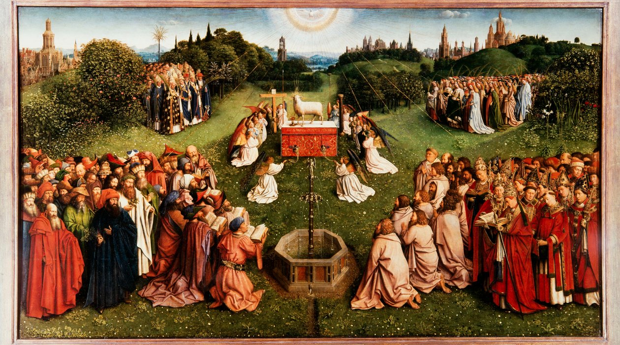 ゲントの祭壇画。 神秘の子羊の礼拝、1432 年。 作： ヤン・ファン・エイク
