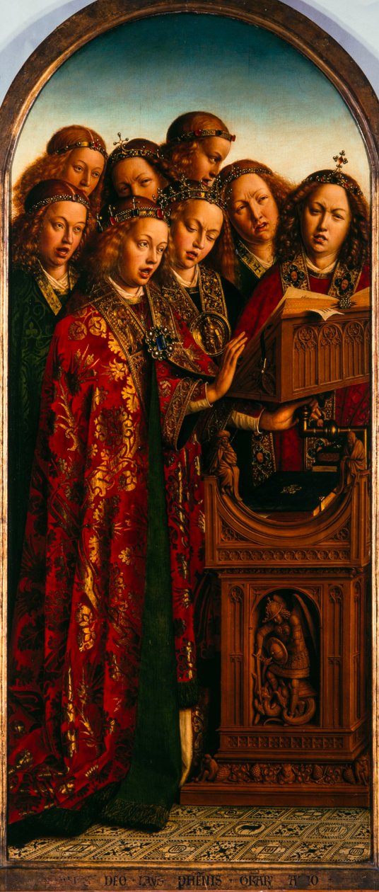 ゲントの祭壇画。 神秘の子羊の崇拝：歌う天使、1432年。