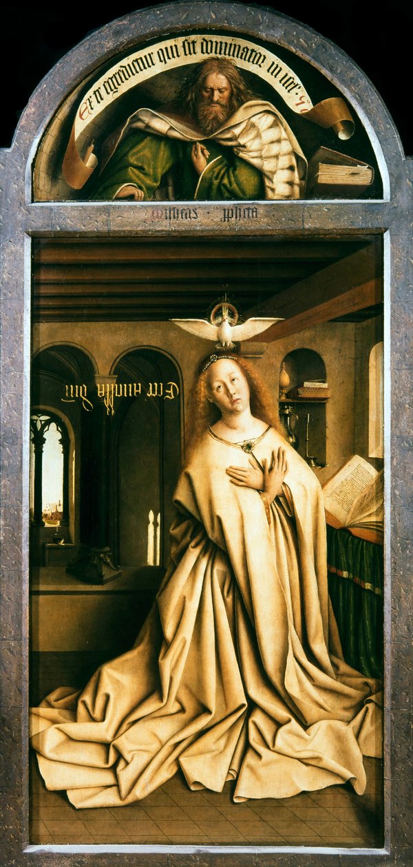 ゲントの祭壇画。 神秘的な子羊の崇拝：聖母受胎告知、1432年。 作： ヤン・ファン・エイク