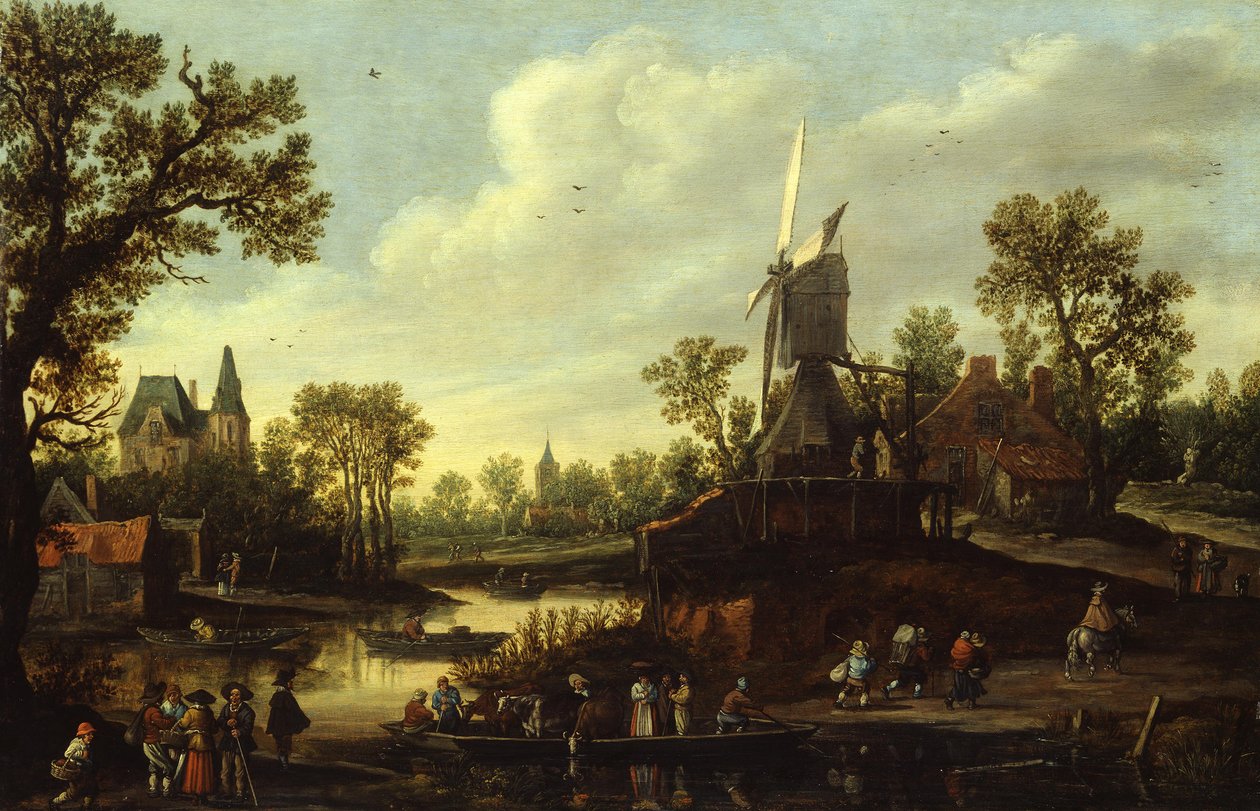 ドイツ語：Flusslandschaft mit Fähre フェリーのある川の風景 作： ヤン・ファン・ホーエン