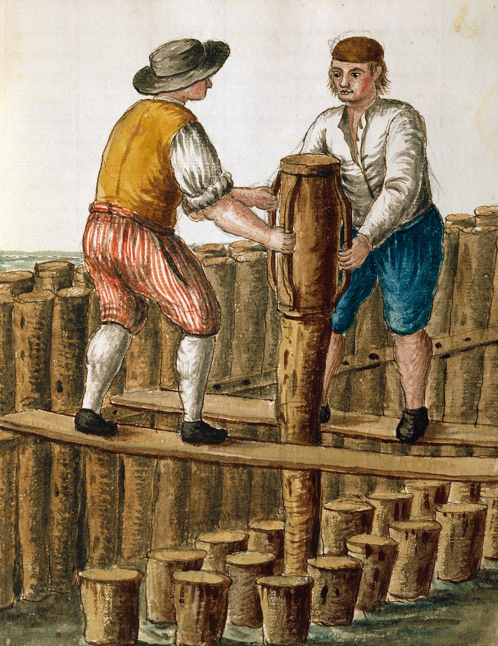 ヴェネチアン・ラグーンの基礎工事、ヤン・ファン・グレーベンブルック（1731-1807）によるイラスト、イタリアの「ヴェネチアンの衣装」写本より 作： ヤン・ヴァン・グレーベンブローク