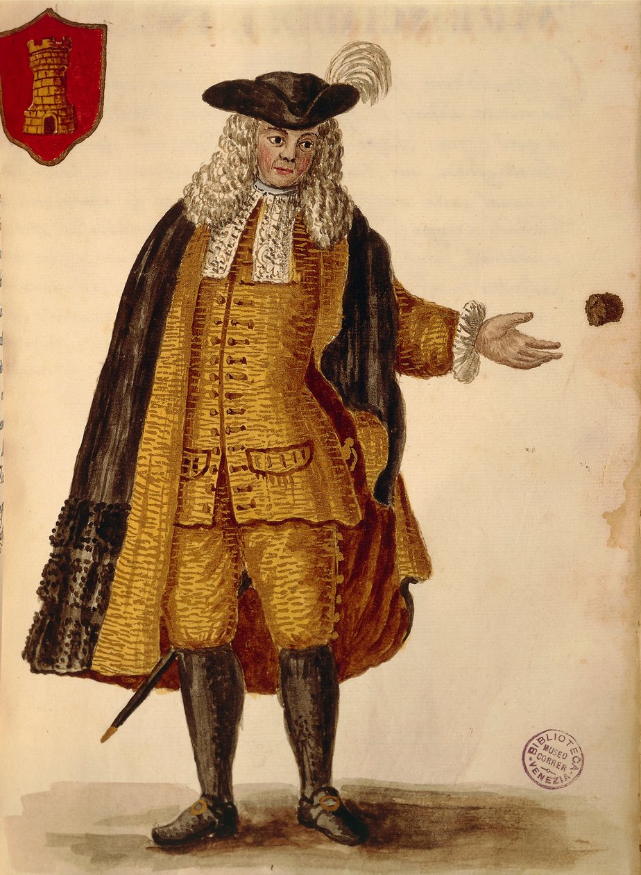 スペイン大使、ヤン・ファン・グレーベンブロークまたはジョヴァンニ・グレーベンブローク（1731-1807）作、『Gli Abiti de Veneziani』、衣装の図鑑より、水彩画 作： ヤン・ヴァン・グレーベンブローク