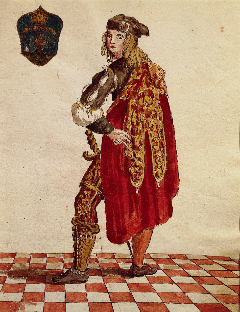 1564年のカルサ・コンフラタニティ（ストッキング）の騎士のスーツ、ヤン・ファン・グレーベンブロークまたはジョヴァンニ・グレーベンブローク（1731-1807）作、『Gli Abiti de Veneziani』、コスチューム図鑑より、水彩画 作： ヤン・ヴァン・グレーベンブローク
