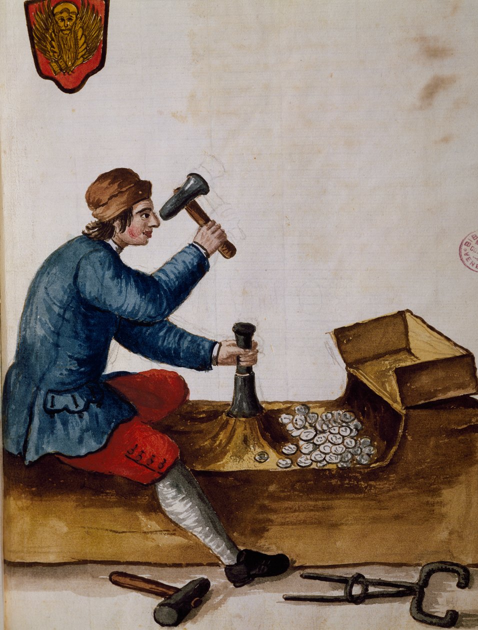 造幣局で働く人、ヤン・グレーベンブルック（1731-1807）の『ヴェネツィア衣装図鑑』の挿絵、水彩、イタリア 作： ヤン・ヴァン・グレーベンブローク