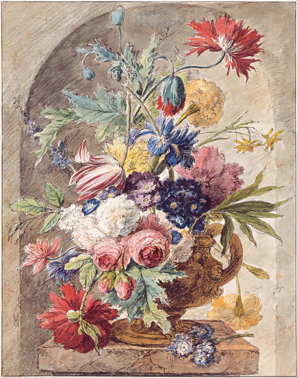 オランダ：ニッチの台座に置かれた耳付きの花瓶に入った花の静物 花の静物 作： ヤン・ヴァン・ホイサム