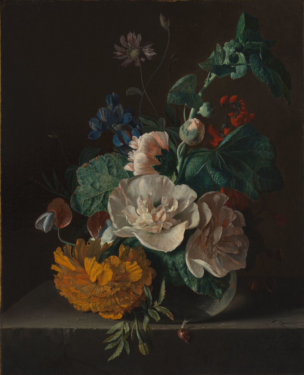ホリホックとマリーゴールドの花の静物画 作： ヤン・ヴァン・ホイサム