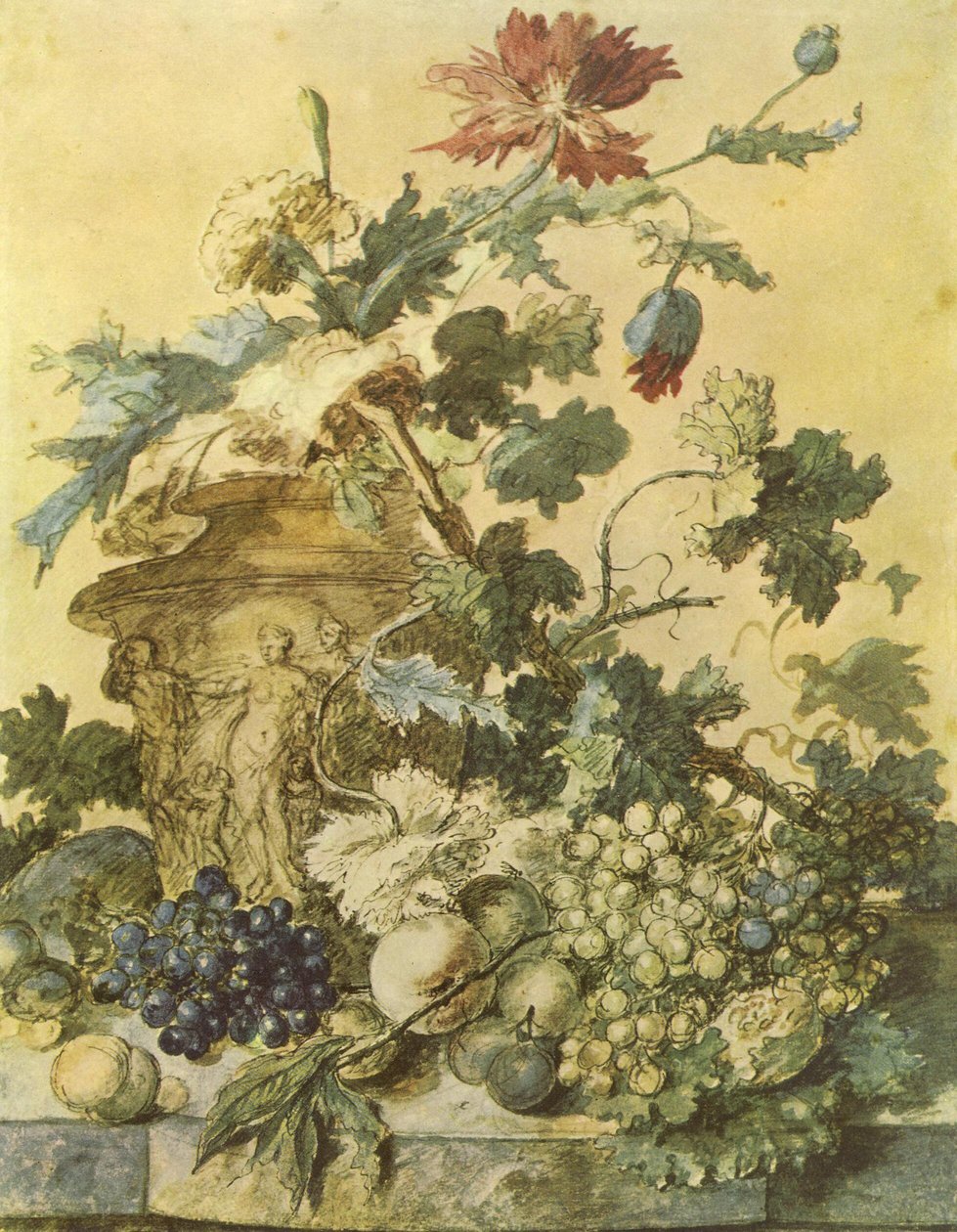 台座の上に果物で囲まれた人物で飾られた壷の中の花 作： ヤン・ヴァン・ホイサム