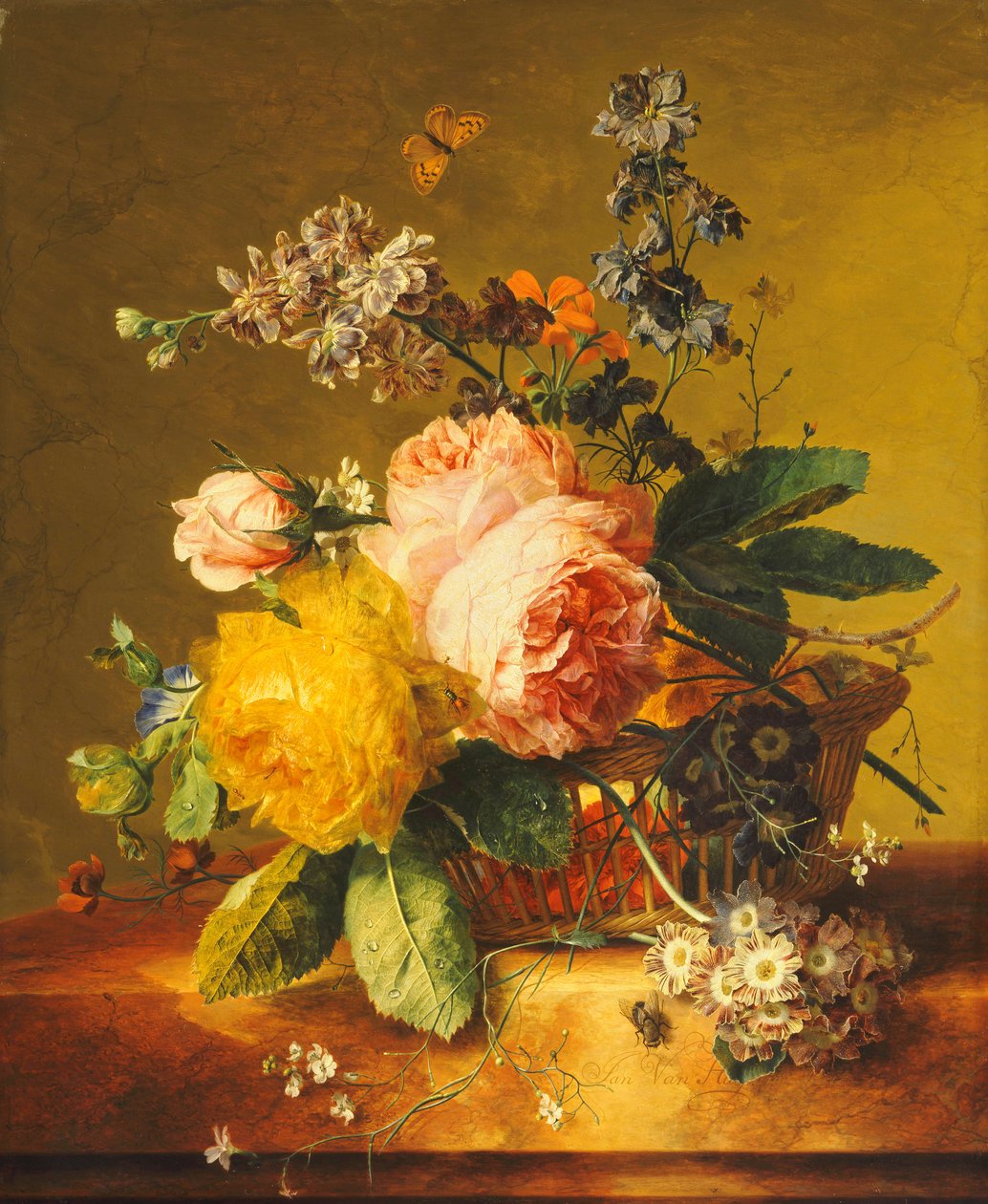 大理石の棚のバスケットに入れられたバラと他の花、1742年頃 作： ヤン・ヴァン・ホイサム
