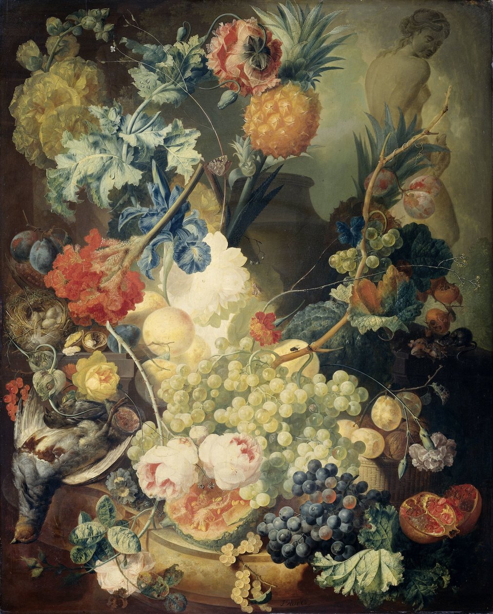 花、果物、鳥のある静物 作： Jan van Os