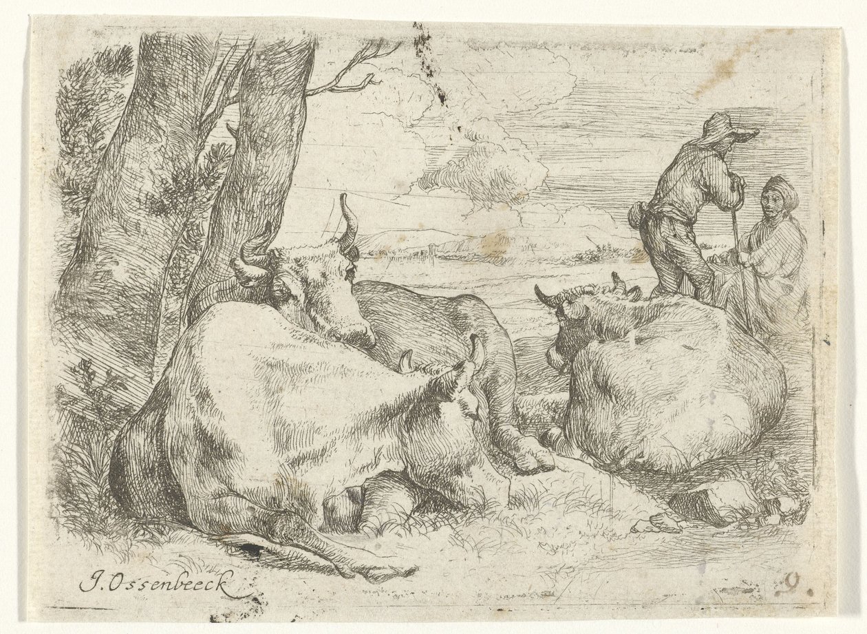 3頭の牛と2頭の羊飼い 作： Jan van Ossenbeeck
