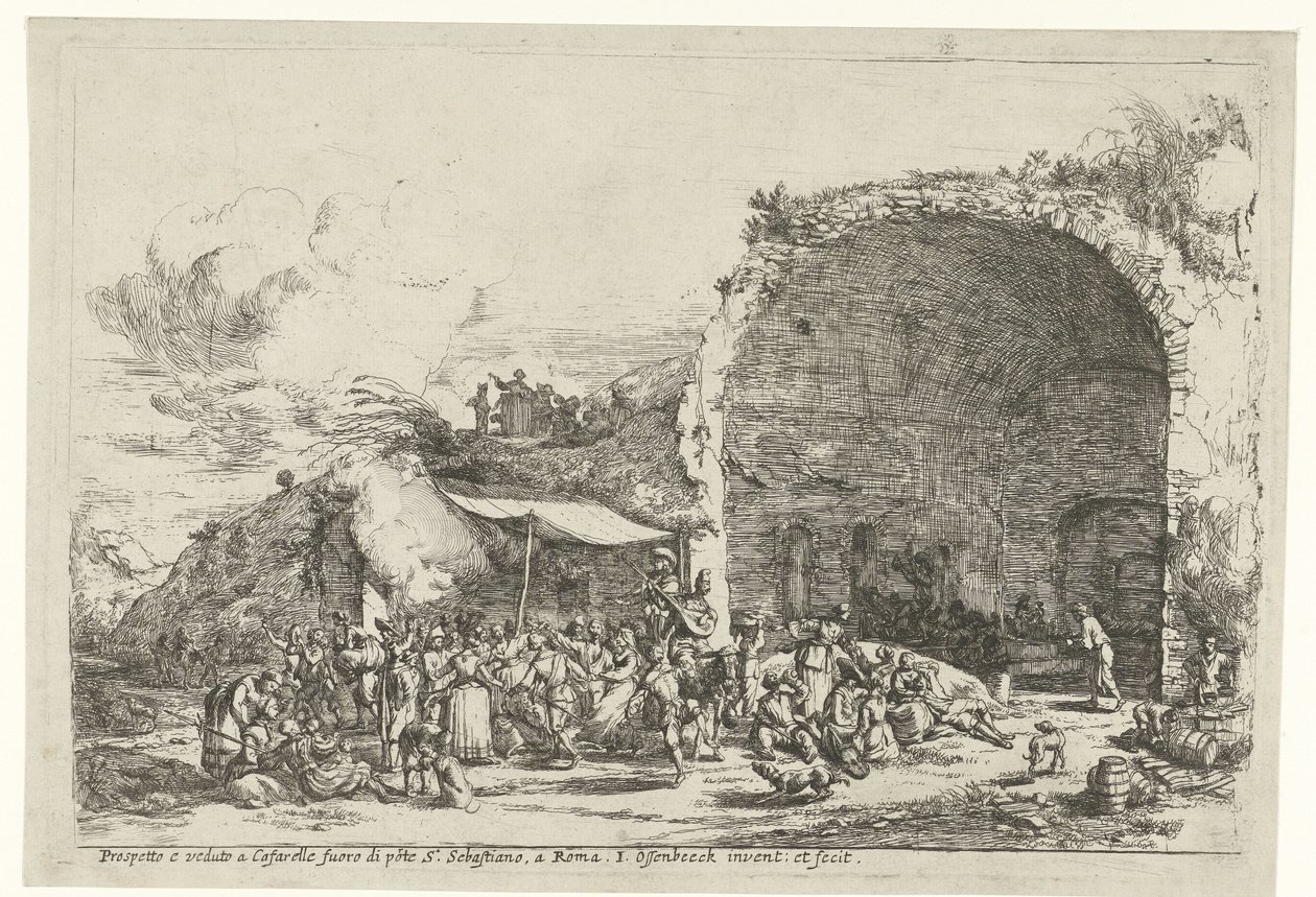 ニンフエゲリアの洞窟の遺跡での祝祭 Prospetto e veduto a Cafarelle fuoro di porte S. Sebastiano, a Roma (オブジェクトのタイトル) 作： Jan van Ossenbeeck